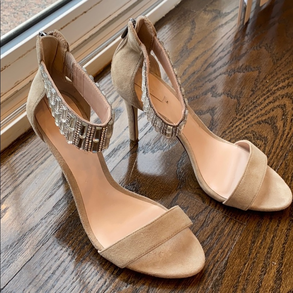 Suede sandals with jewel embellishment on ankle